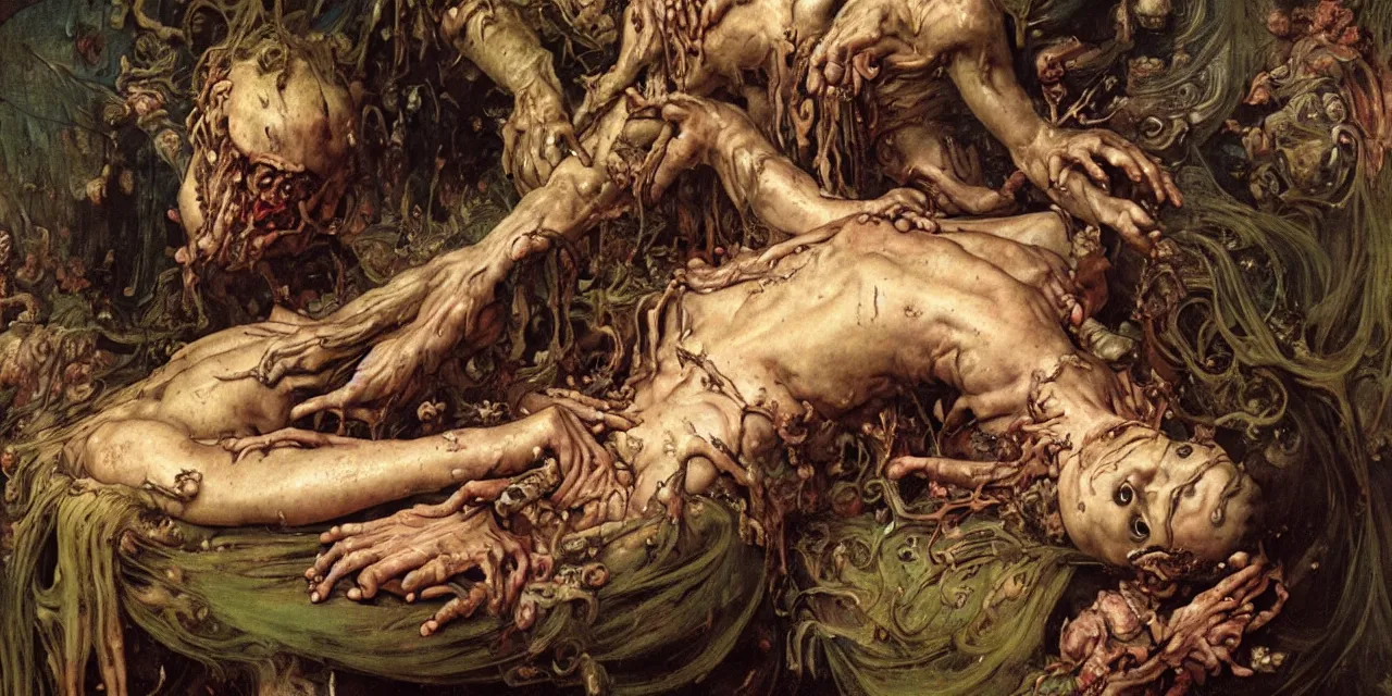 Prompt: a baroque neoclassicist renaissance painting of jesus rotting in a slimey tomb with a wide open mouth and contorted body. reflective detailed textures. glowing colorful fog, dark background. highly detailed fantasy science fiction painting by moebius, norman rockwell, frank frazetta, and alphonse mucha. rich colors, high contrast. artstation