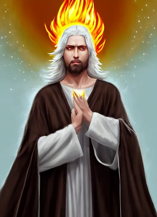 Prompt: « full length portrait of the white - haired jesus in a white robe and flaming yellow eyes, seven stars in right hand, grim - lighting, high - contrast, intricate, elegant, highly detailed, digital painting, artstation, concept art, smooth, sharp focus, illustration »