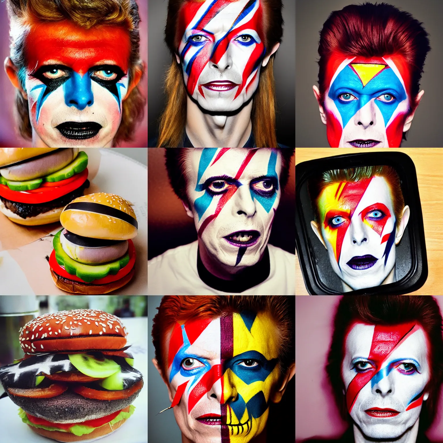 Prompt: David Bowie face paint themed burger, food photography