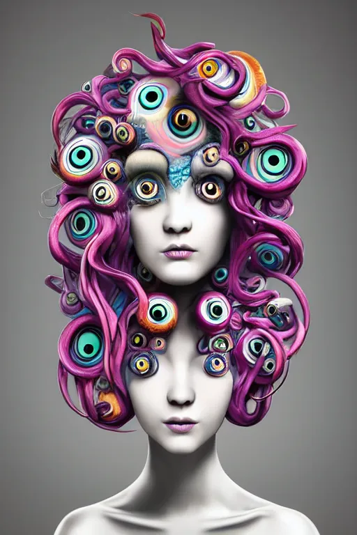 Image similar to 3 d full head and shoulders beautiful white porcelain woman smooth with colourful big eyeballs all through her hair, ornate detailed hair, 3 d swirling hair by theodor seuss geisel and daniel arsham and xiang duan, on a white background