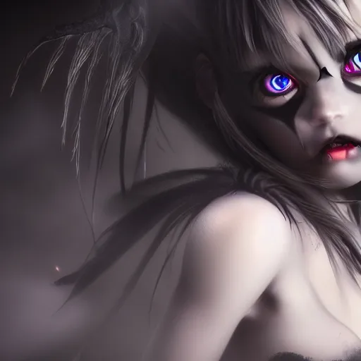 Prompt: photorealistic full shot portrait of angry darkness anime girl, beautifull eyes, electric aura, inspired by tim burton, detailed, unreal engine 4 k, volumetric light, fog