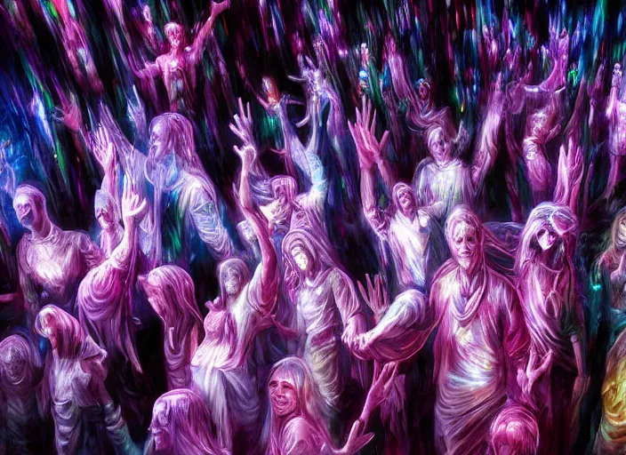 Prompt: cinematic shot cyberspace people of creativity, large translucent art statues, magic art flowing from hands, hyper realistic, mood lighting, fantasy, detailed happy people creators of collective art, hands in the air, diverse big art, highly detailed, super realistic, perfect lighting pixel sorting