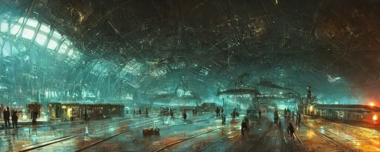 Prompt: futuristic steampunk train station, exterior, teal glow, orange glow, scifi, machines, artificial intelligence, ultra realistic, highly detailed, futuristic landscape, industrial, city, atmosphere, highlighted, cinematic, art by jan urschel and neil blevins