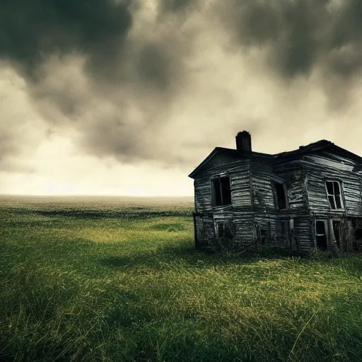 Prompt: old abandoned house in daisy field, cloudy sky, huge cloud, mist, ultra - realiste, cinematic, hd, 8 k