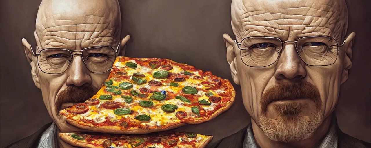 Image similar to epic portrait of walter white with pizza on his head from breakingbad, detailed, digital painting, artstation, concept art, donato giancola, joseph christian leyendecker, wlop, boris vallejo, breathtaking, high details, extremely detailed, establishing shot, artistic, hyper realistic, still shot from breakingbad series - h 7 6 8