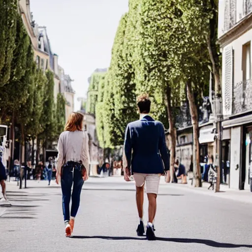 Image similar to fashionable couple walking down a street in paris, warm summer day