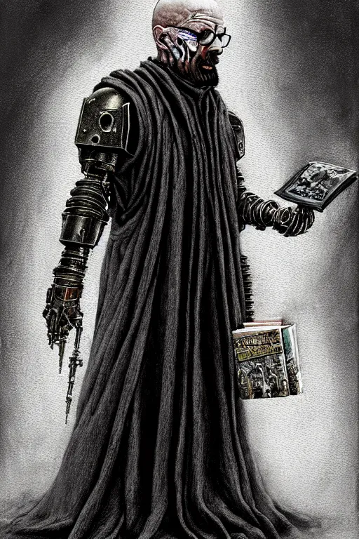 Image similar to painting of walter white as a cloaked tech priest holding a book, adeptus mechanicus!, cybernetic enhancements attached to his body, praise the omnissaiah, zdzislaw beksinski, lewis jones, mattias adolfsson, warhammer 4 0 k!!, cold hue's, warm tone gradient background, concept art, digital painting