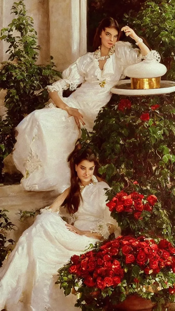 Image similar to beautiful young carole bouquet in detailed golden sleeve balloon lace dress beside a pot of red roses set near a persian pot by john singer sargent