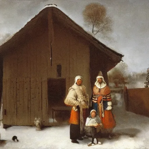 Prompt: a traditional sami family outside their home, painted by Rembrandt, wide shot,