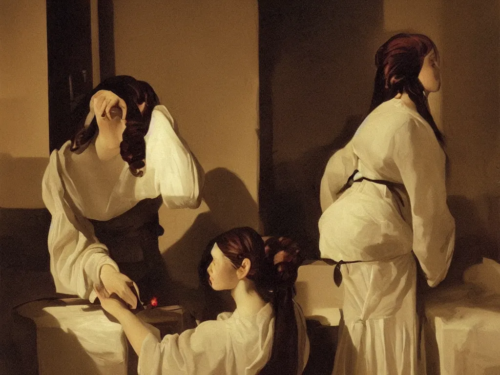 Prompt: Woman with her back turned, arranging her hair. White water jug, candle light, shadow on the wall, white dress. Painting by Georges de la Tour