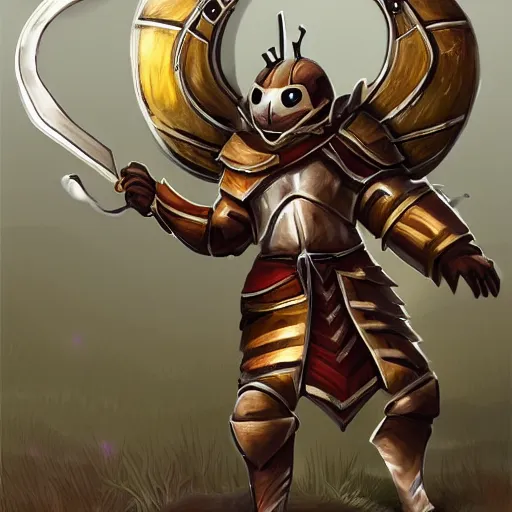 Prompt: An warrior bee fursona in heavy plate armor with a shield and long sword
