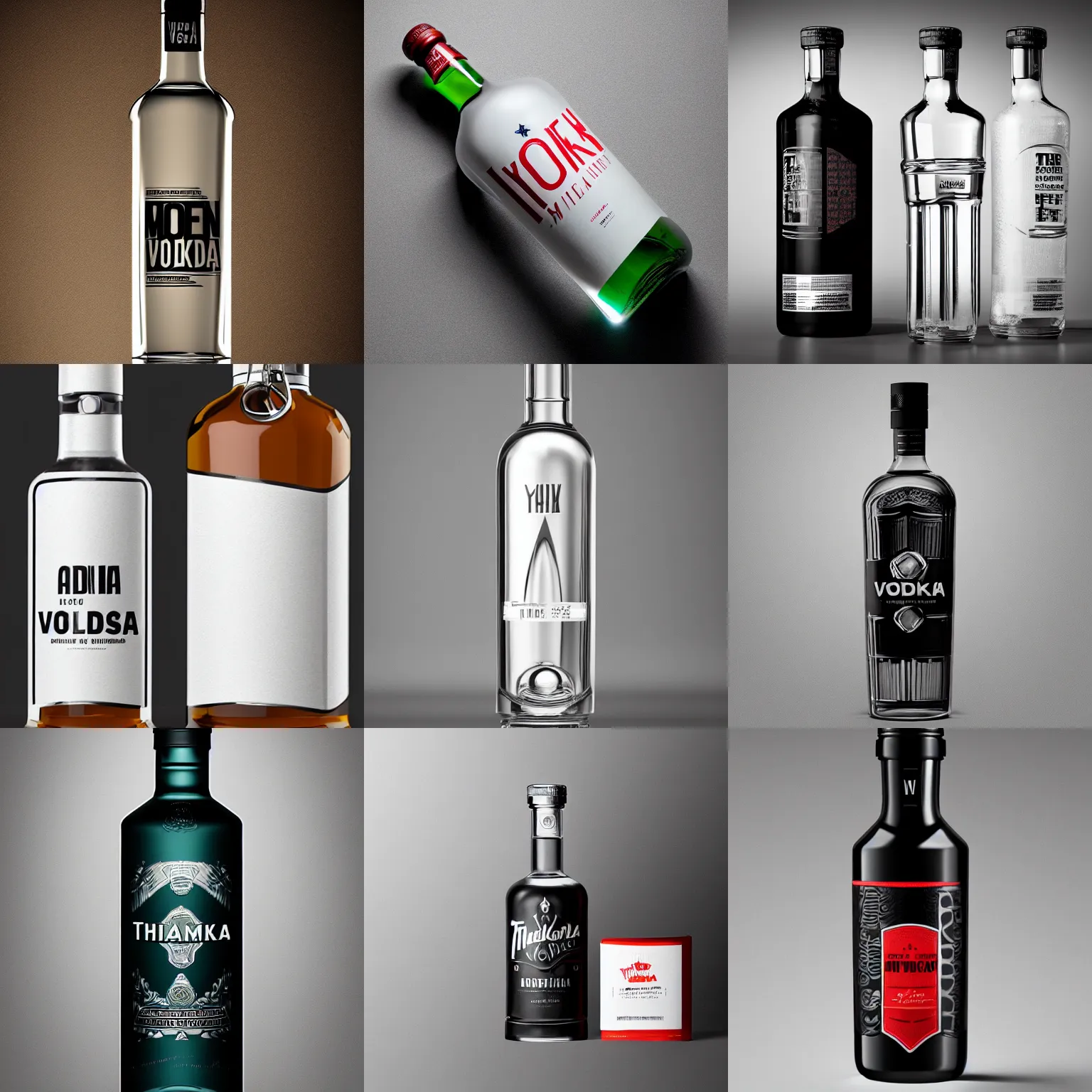 Prompt: a bottle of vodka with modern label design, studio lighting, product shot, thedieline, behance, packaging award