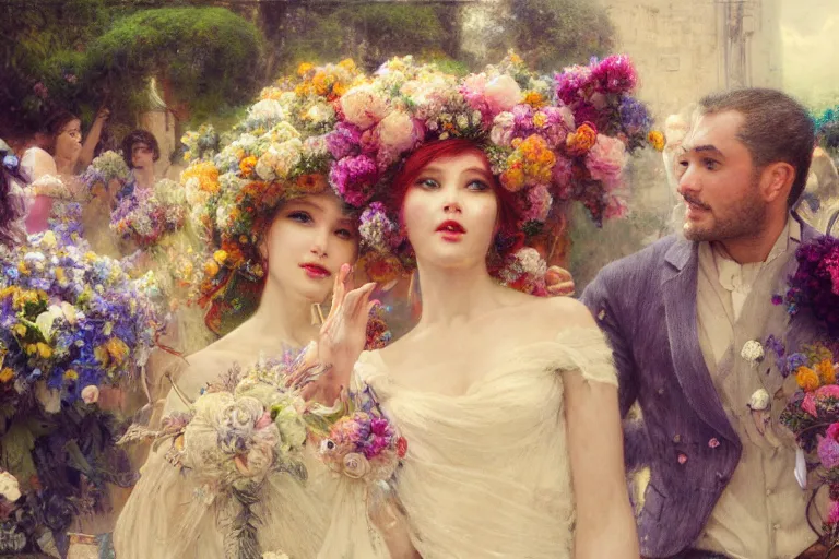 Image similar to the groom look at the bride at a wedding full of flowers, bright and happy, dreamlike art, highly detail, 4 k realistic, wedding photoy krenz cushart, artem demura, yoji shinkawa artgerm, jon lothian, danilo torres. adi meyers. thomas reimann. gaston bussiere.