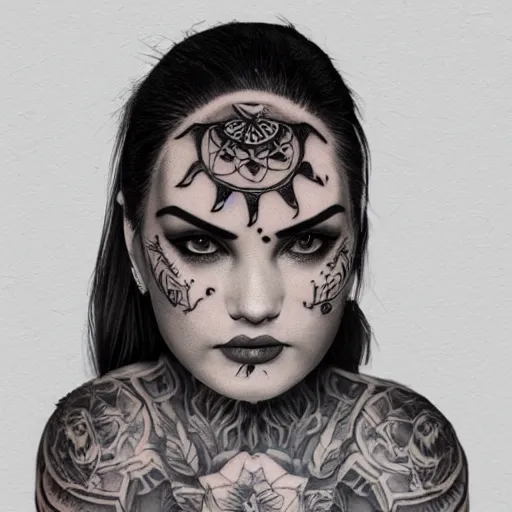 Image similar to a woman with a large tattoo on her forehead [ [ of a woman ] ], trending on artstation, 4 k