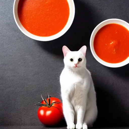 Image similar to a cat sitting on a bowl with tomato soup, professional photography