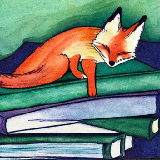 Image similar to fox sleeping on a pile of books, watercolors, 1 9 3 0