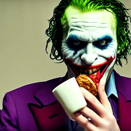 Image similar to cinematic shot of the joker biting into a flour biscuit, 8 k, very detailed, very intricate,