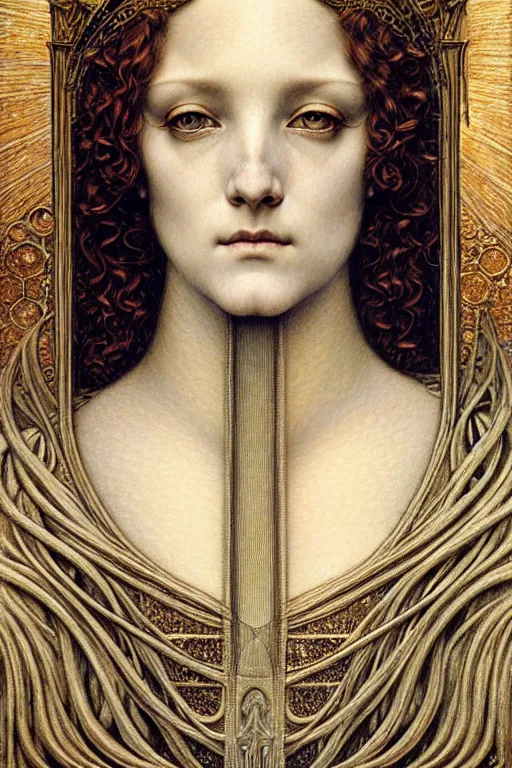 Image similar to detailed realistic beautiful young medieval queen face portrait by jean delville, gustave dore and marco mazzoni, art nouveau, symbolist, visionary, gothic, pre - raphaelite. horizontal symmetry