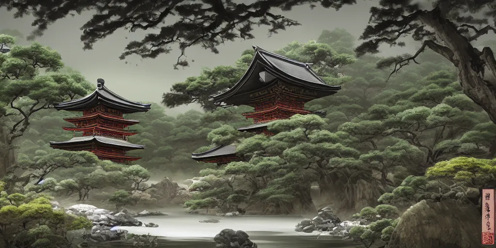 Image similar to digital painting of old japanese landscape with pagoda, curved trees and rocks, detailed, high quality, trending on artstation