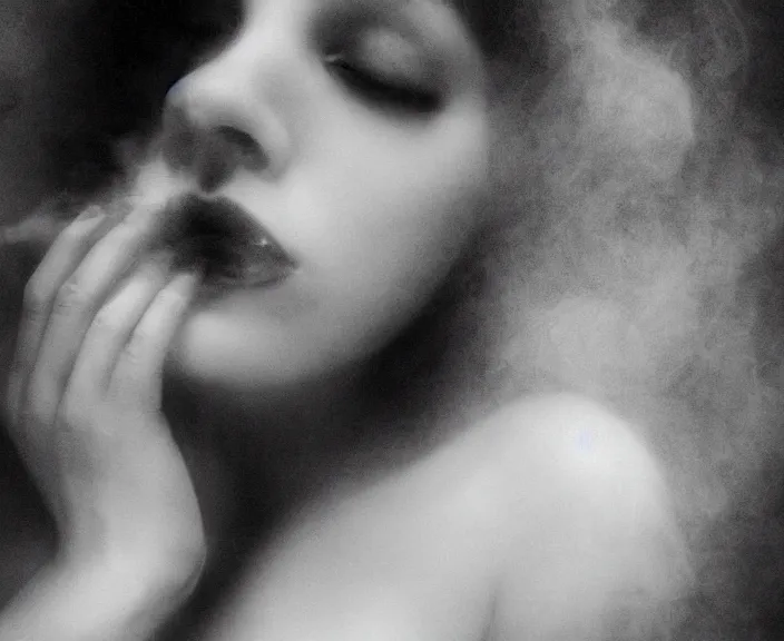 Prompt: mysterious and sensual scene of human transformation // thick detailed smoke, natural soft pale skin, innocence, sophisticated hands // noir, german expressionism // pure and soft 35mm double-exposure photo, award-winning photography, masterpiece, grainy, cinematic, 20 century photography, atmospherical, high contrasted // slightly erotic, eerie and atmospheric, sophisticated and unsearchable masterpiece, deep shadows, slightly colorful, strong composition // depth of field, ambient occlusion, motion blur, HD, intricate details, sharp focus, natural textures