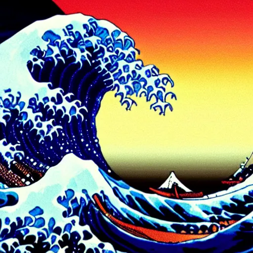 Prompt: cyberpunk great wave off kanagawa, matte, shiny waves, refractions, soft light, neon, studio ghibli