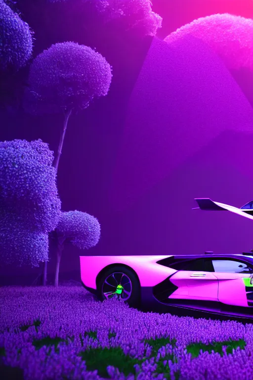 Prompt: an astronaut sitting inside of a supercar with butterfly winged doors open, in a forest of purple geometric neon flowers, mountains in background, 4 k, moody, dramatic, trending on artstation, award winning, photorealistic, volumetric lighting, octane render,