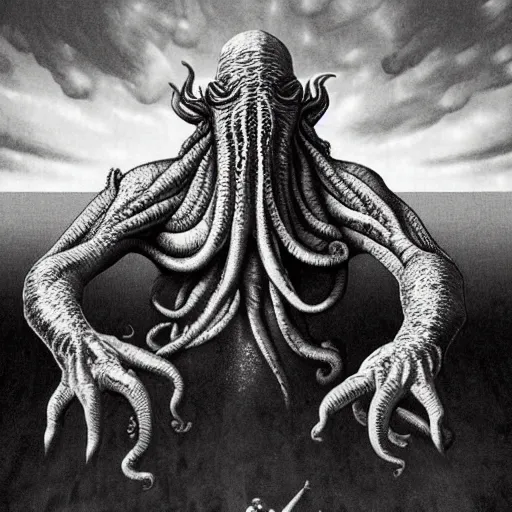 Prompt: hyper realistic giant cthulhu with human body fearing NYC in middle of the night, 1920, blue filter, artstation, pulp art