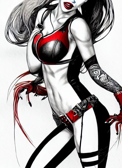 Image similar to concpet art, full shot, traditional ink, sketch, of megan fox as harley quinn, line sketch, intricate, elegant, highly detailed, monochrome, digital painting, artstation, concept art, blue, black, red ink sharp focus, illustration, art by borderlands 3 and peter polach