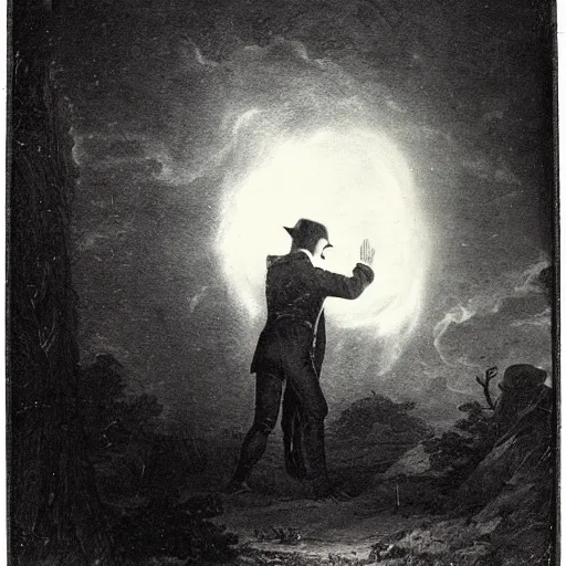 Prompt: 1820's photo from distance of a man opening a portal to another dimension at night, moody, dark, damage