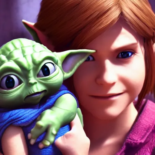 Image similar to link from the legend of zelda holding baby yoda in her arms, detailed, hyper realistic, 4 k octan render, unreal 5