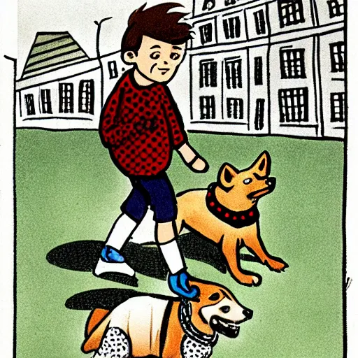 Image similar to illustration of french boy on the streets of paris playing football against a corgi, the dog is wearing a polka dot scarf, comic, 1 9 7 2