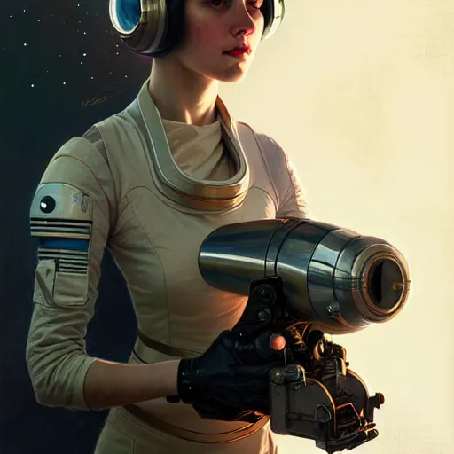 Prompt: A portrait of a girl wearing a vintage sci-fi astronaut helmet and holding a blaster, face, intricate, elegant, highly detailed, digital painting, artstation, concept art, smooth, sharp focus, illustration, art by Krenz Cushart and Artem Demura and alphonse mucha