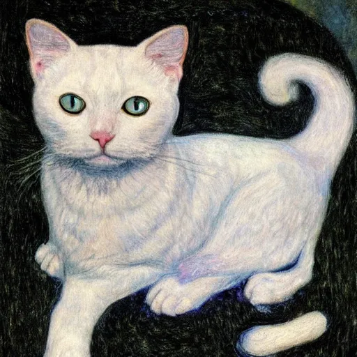 Prompt: portrait of a white cat with a black spot on head and blue eyes, intricate, elegant, highly detailed, smooth, sharp focus, illustration, art by gustav klimt