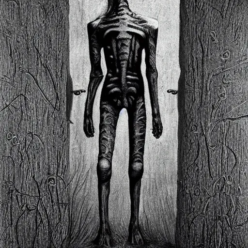 Image similar to slenderman, high detail, masterpiece, art by h. r. giger