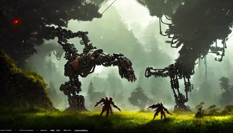 Prompt: walking mech covered in chrome armor, large shapes, horizon zero dawn aesthetic, covered in moss and birds, many large glowing lights, beautiful forests and trees, utopian landscape, bright sunlight, cinematic, concept art, art by John Park and Natasha Tan, trending on artstation, masterpiece.