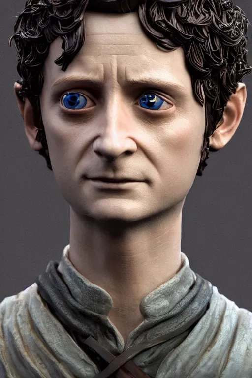 Image similar to tribute sculpture of elijah wood as frodo, cybertronian, long shot, cinematography by wes anderson, 4 k octane render, intricate detail, photorealistic, cinematic lighting, artstation