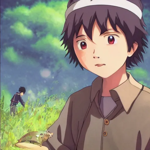 Prompt: friendly guy and small creature , with Fragile looking character portrait anime face made by Studio Ghibli highly detailed art, beautiful scene, sharp focus, smooth, 8k, anime art,