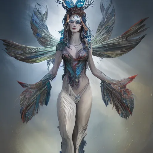 Prompt: a banshee in a gorgeous costume with butterfly wings and features, character design, detailed rendering, realistic smooth detailed art, complex lines, concept art, scene art, panorama