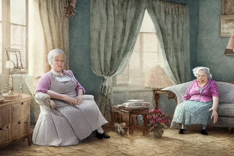 Prompt: charming and chubby old lady, wearing a polka dot cloths and a victorian - style hairdo, lye on the fancy sofa, in the large and bright studio. sunlight enters through the barred window. delicate watercolor and pencil on canvas. beautiful lighting, 4 k post - processing, highly detailed, 5 k extremely detailed, 3 d. cinematic scene.