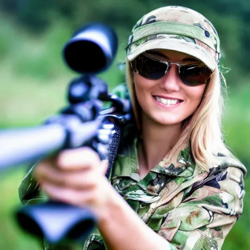 Image similar to closeup very beautiful blonde female sniper looking at l 9 6 a 1 with mischievous smile and happy eyes