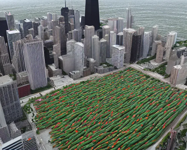 Prompt: multiple chicago beans float over the city of chicago in an invasion