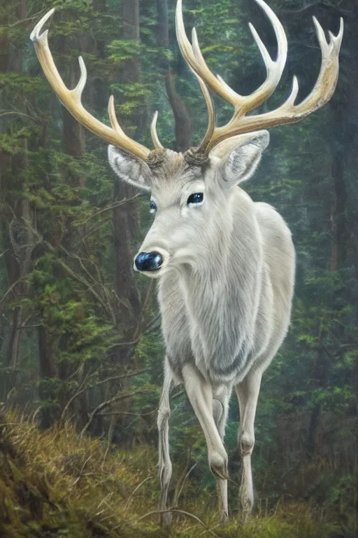 Image similar to an oil painting of the king of the forest: a white stag, beautiful, fantasy, hyper realistic, dramatic lighting