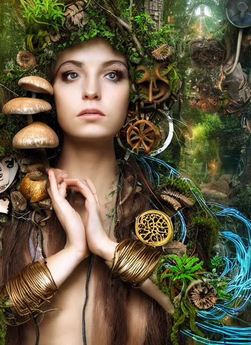 Prompt: goddess of technology in the forest, covered with plants and mushrooms, hair made of cords and wires, electricity, beautiful symmetrical face, steampunk, one head, a lot of jewellery, gold, earrings, gears - mystical forest - octane render, 8 k, cinematic light