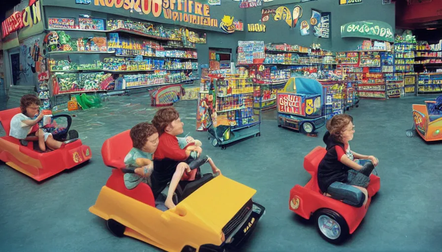 Image similar to 1990s photo of inside the Boring News Grown up errands ride at Universal Studios in Orlando, Florida, children riding on tiny minivans go-carts through a fake grocery store maze course , Nickelodeon slime blaster, flying soccer balls, business men, cinematic, UHD