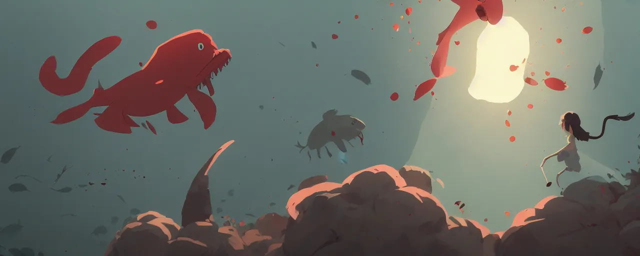 Image similar to piranhas attacking, blood in the water, atey ghailan, goro fujita, studio ghibli, rim light, terrifying, dark lighting, clear focus, very coherent