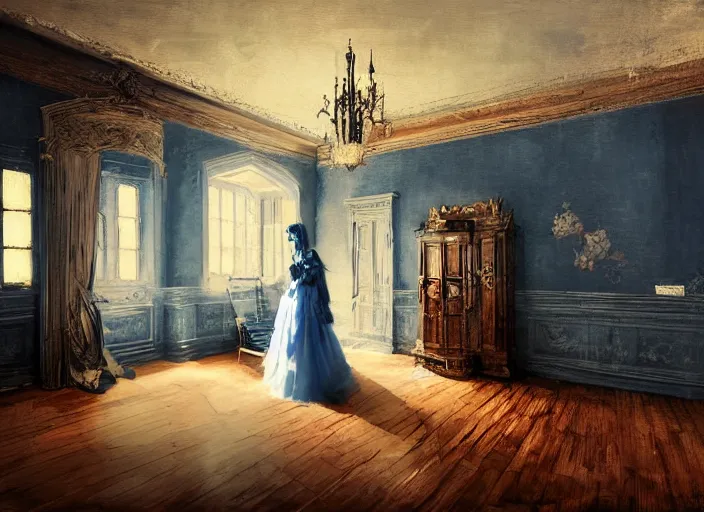 Image similar to gothic mansion room, woman in dress, wooden floor, elegant, digital artwork, paint, blue tones, detailed, by by jeremy mann, by alexander fedosav