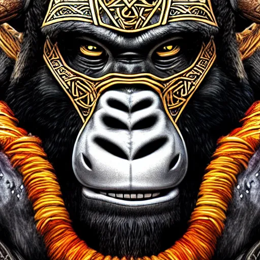 Image similar to close up view, barong family member, viking warrior, viking beard, reindeer horns, runic inscription, king kong, gorilla, wiwek, mara demon, one single tribe member, jungle, one single mask, dark, ancient warrior, tribal, inner glow, art by dan mumford and justin gerard and bob pepper