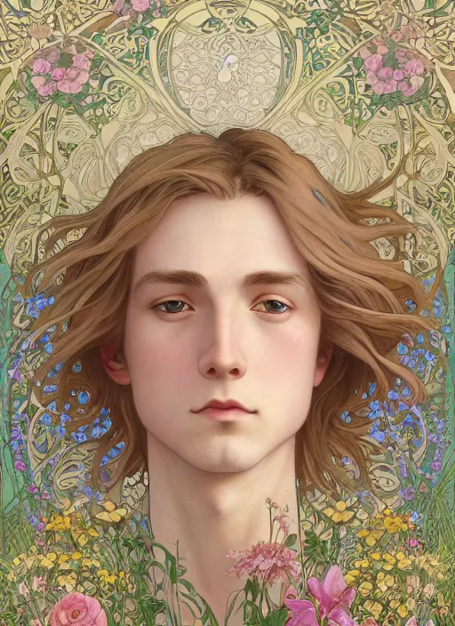 Image similar to pretty young man with shoulder length blond hair, half body shot, emotional, decorative flower patterned background, path traced, highly detailed, high quality, digital painting, by studio ghibli and alphonse mucha, leesha hannigan, hidari, disney, jules bastien - lepage, art nouveau, anna dittmann
