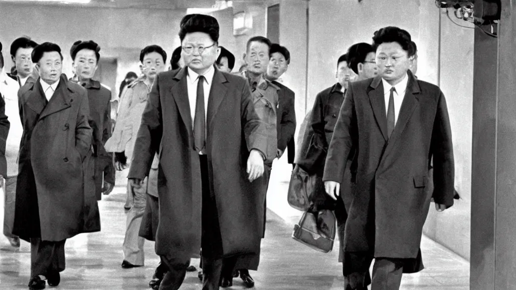 Image similar to kim jong - il walking in 1 9 6 0 s pyongyang, film noir thriller in the style of orson welles and andrei tarkovski