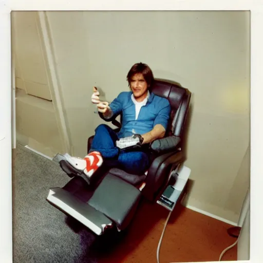 Image similar to Polaroid of Tom Cruise sitting in recliner with remote control watching tv 1983